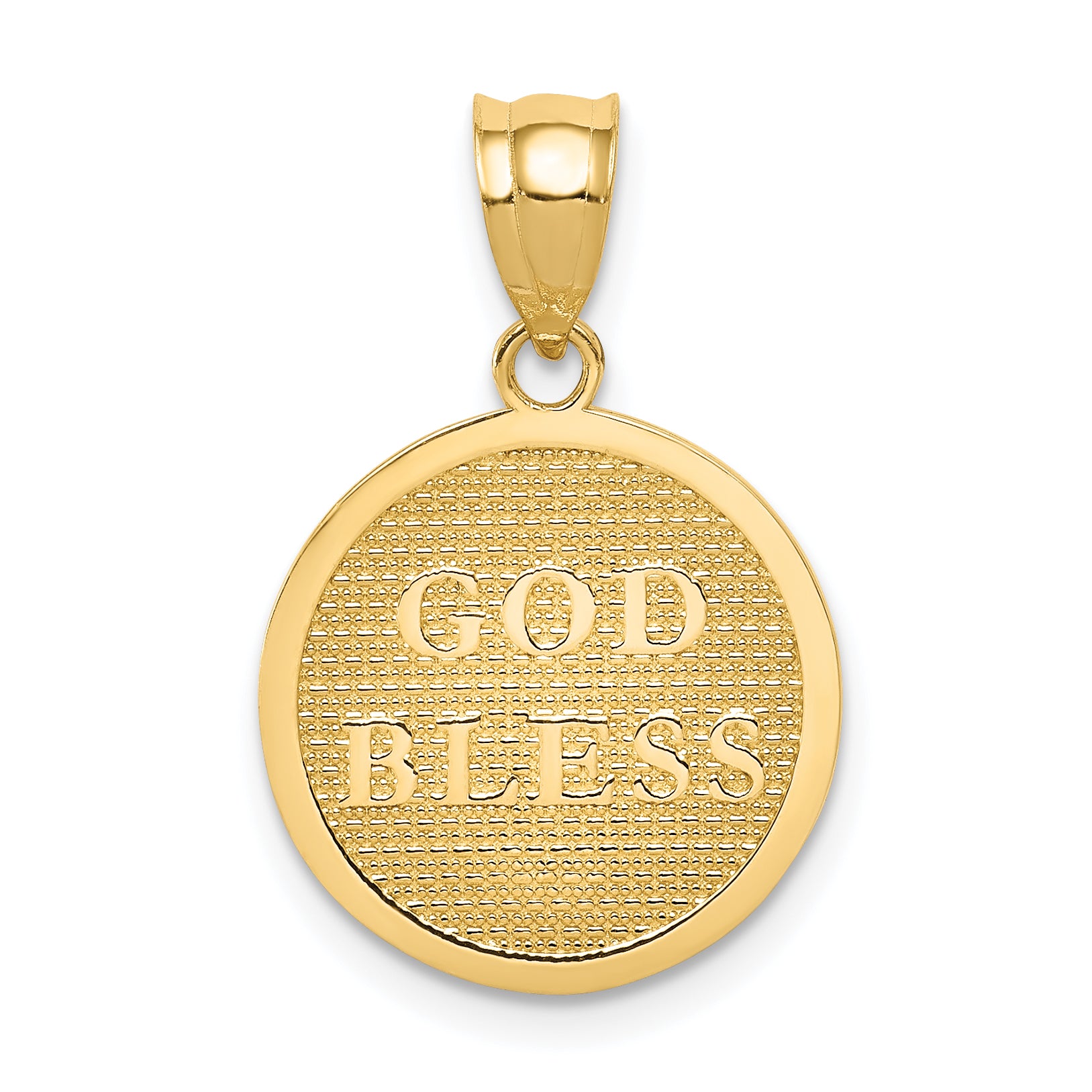 14K Gold Reversible Cross and GOD BLESS Solid Charm Polished Elegant Design