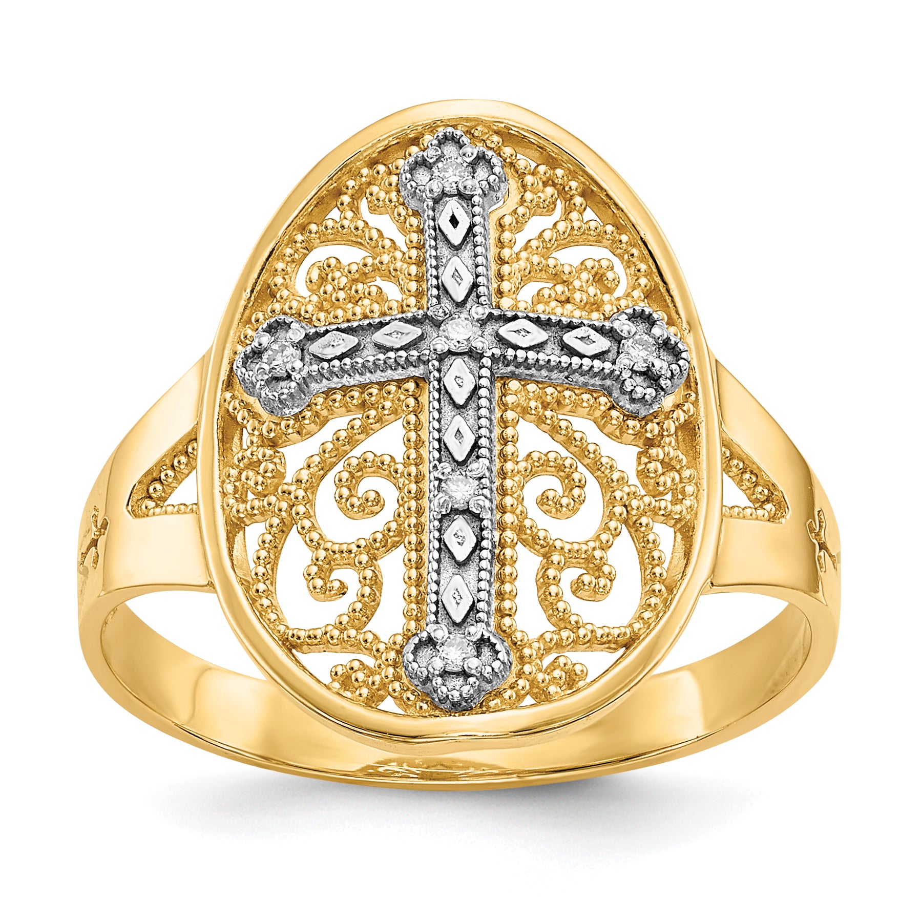 14k Yellow & White Gold Diamond Filigree Cross Ring