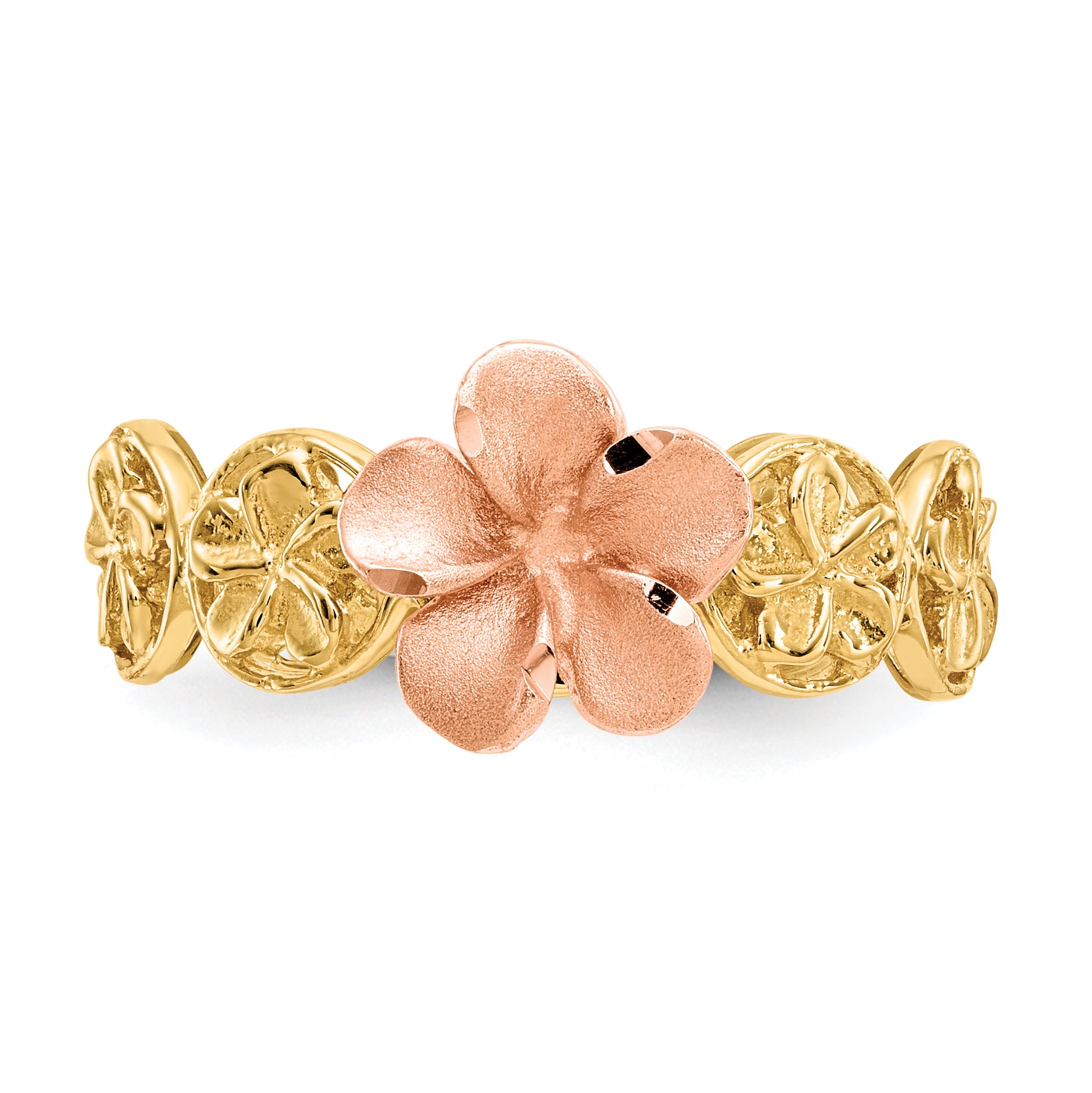 14k Yellow & Rose Gold Diamond-cut Plumeria Flower Ring