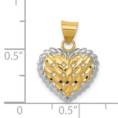 14K Gold and White Rhodium Heart Pendant with Polished Diamond-Cut Finish