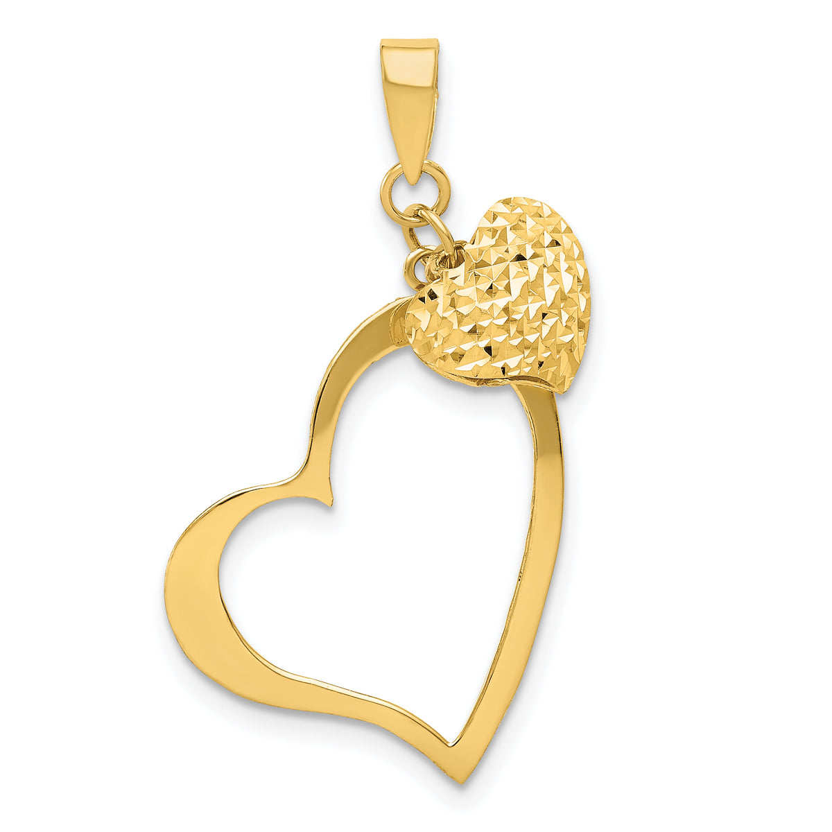 14K Polished and D/C Open and Puffed 3D Heart Pendant