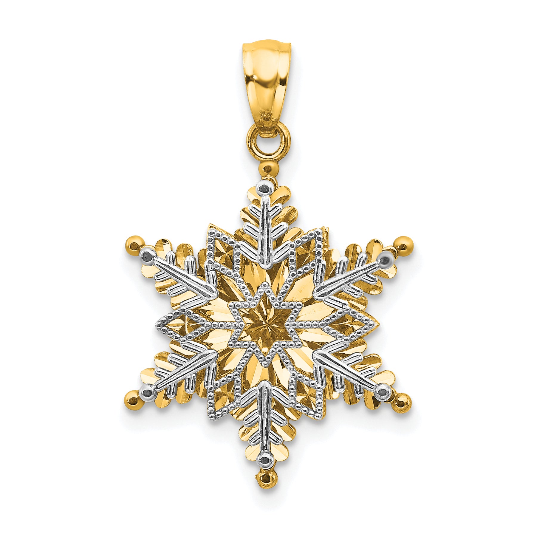 14k Two-tone Polished and Textured 2 Level Snowflake Pendant