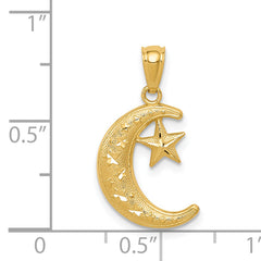 14k Gold Polished and Textured Moon and Stars Pendant