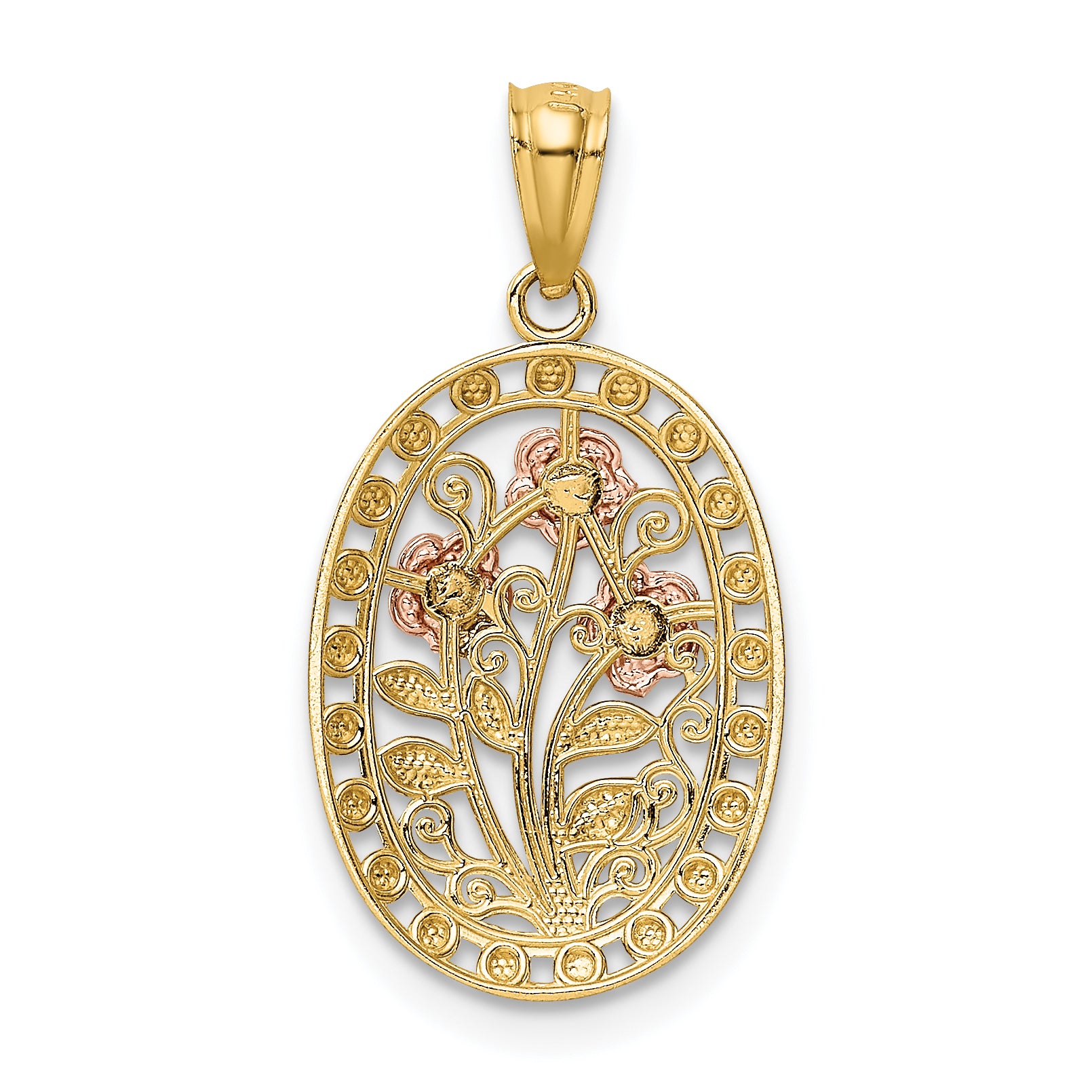 14k Yellow and Rose Gold w/White Rhodium Oval 3 Rose Pendant