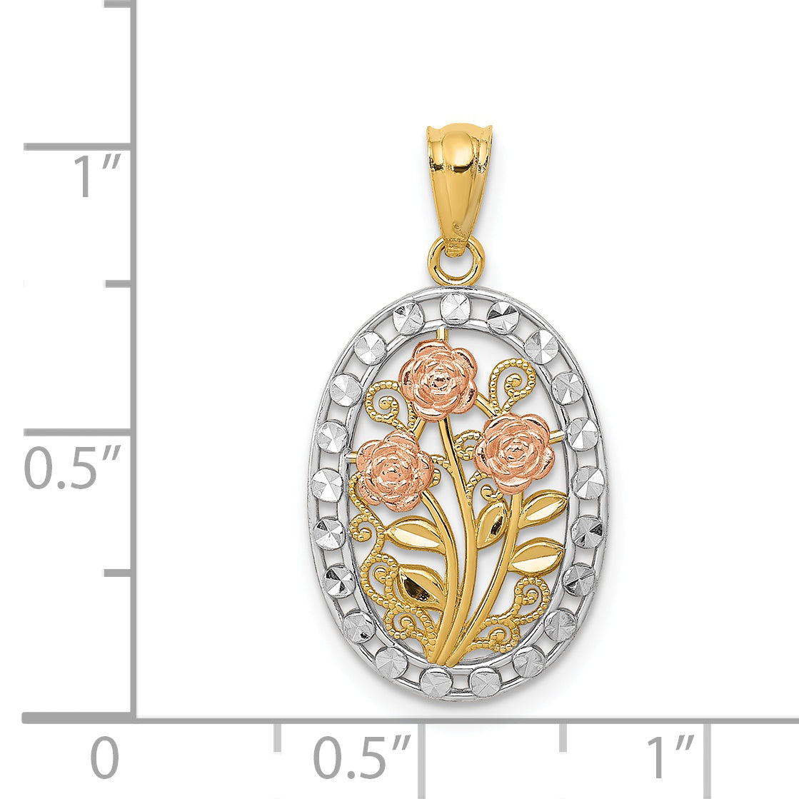 14k Yellow and Rose Gold w/White Rhodium Oval 3 Rose Pendant