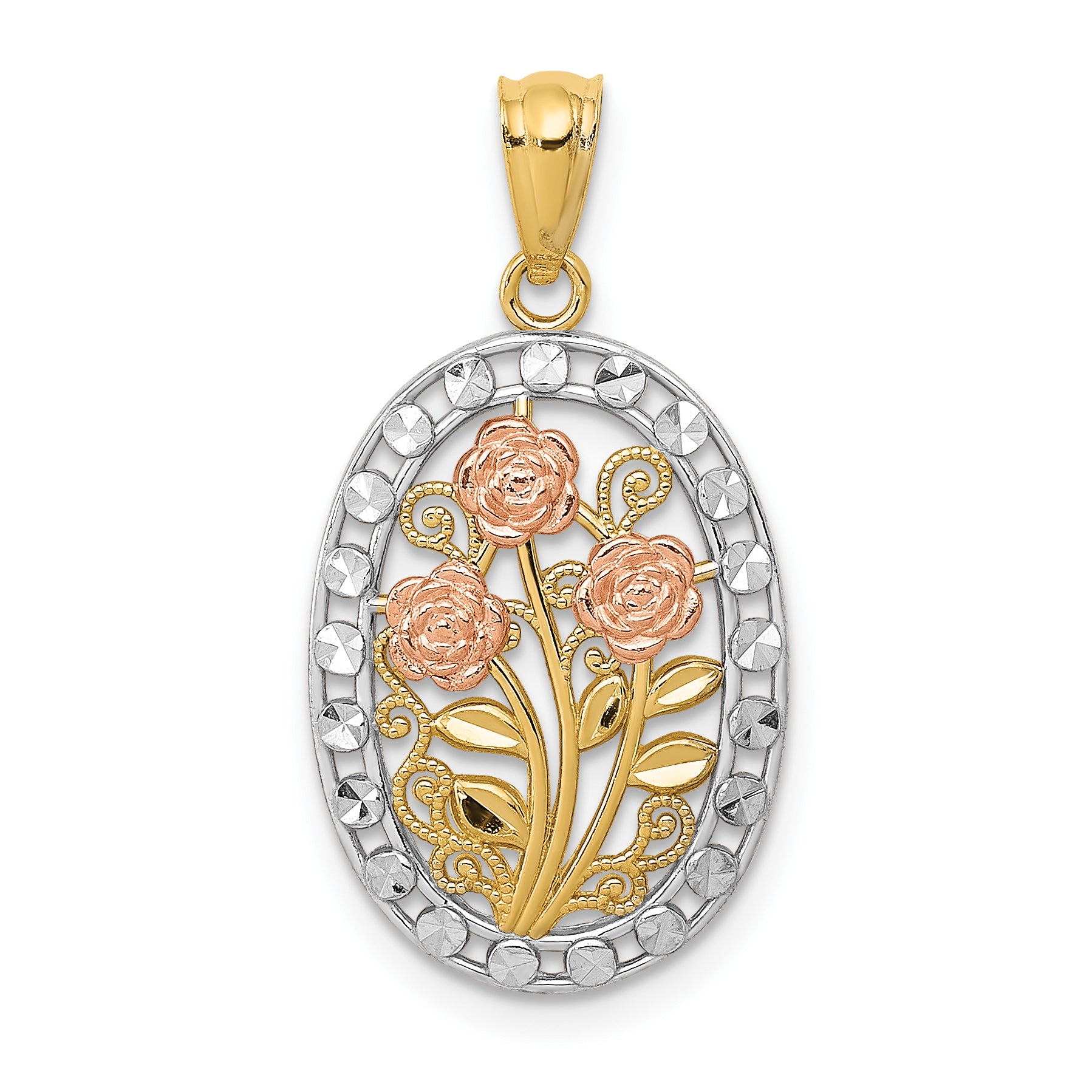 14k Yellow and Rose Gold w/White Rhodium Oval 3 Rose Pendant