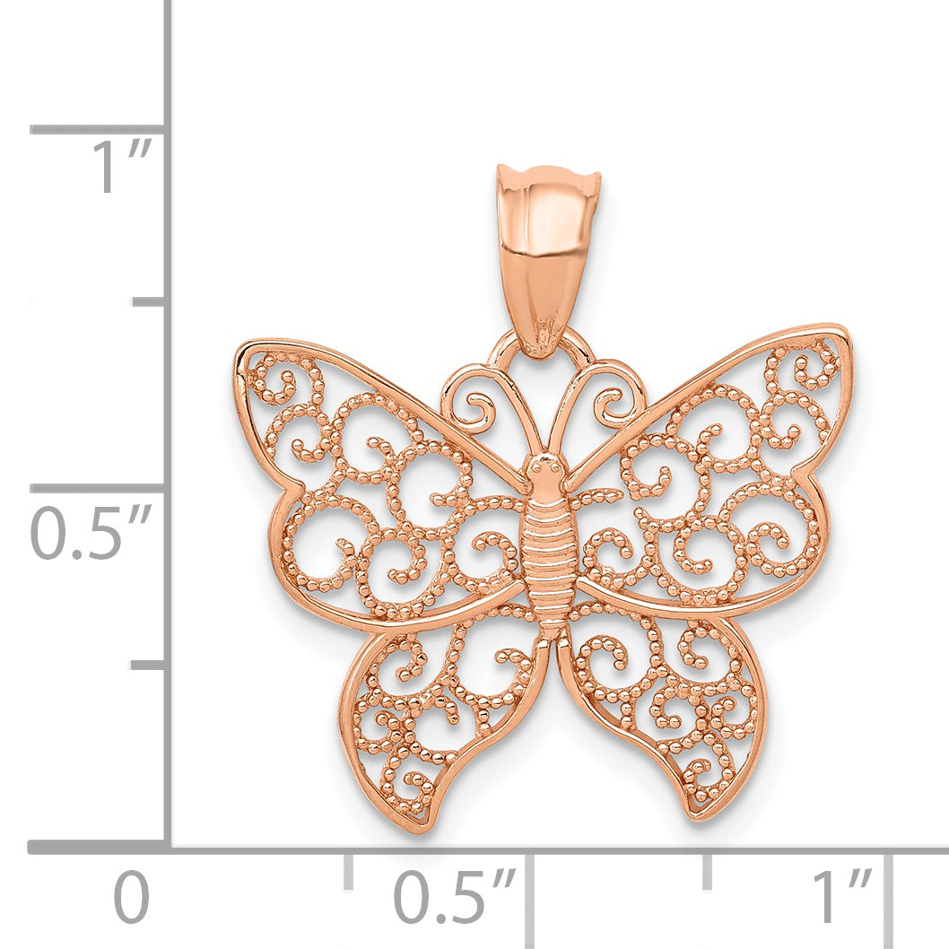 14K Rose Gold Filigree Butterfly Pendant with Polished Finish Elegant Design