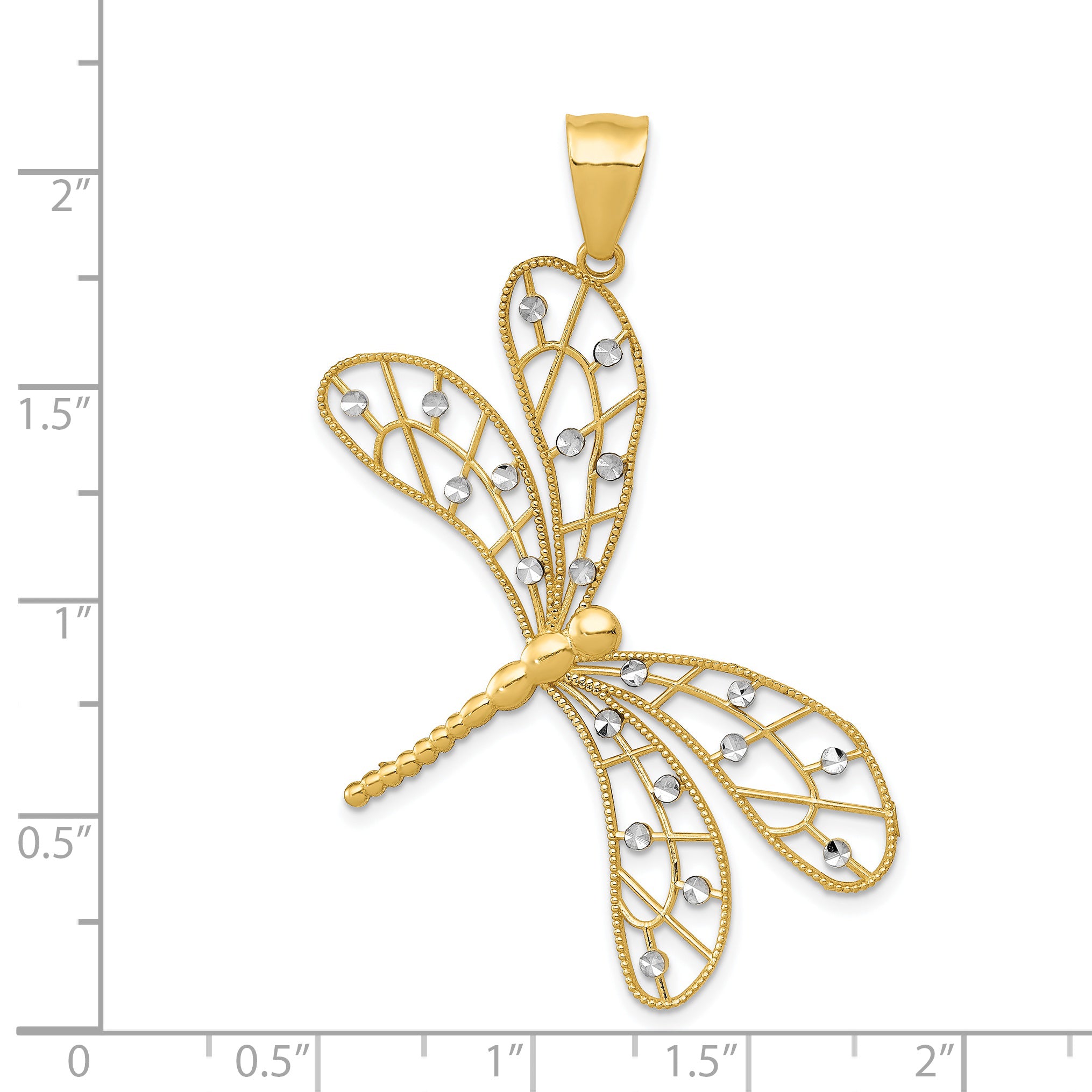 14k w/Rhodium Polished D/C Filigree Dragonfly Pendant