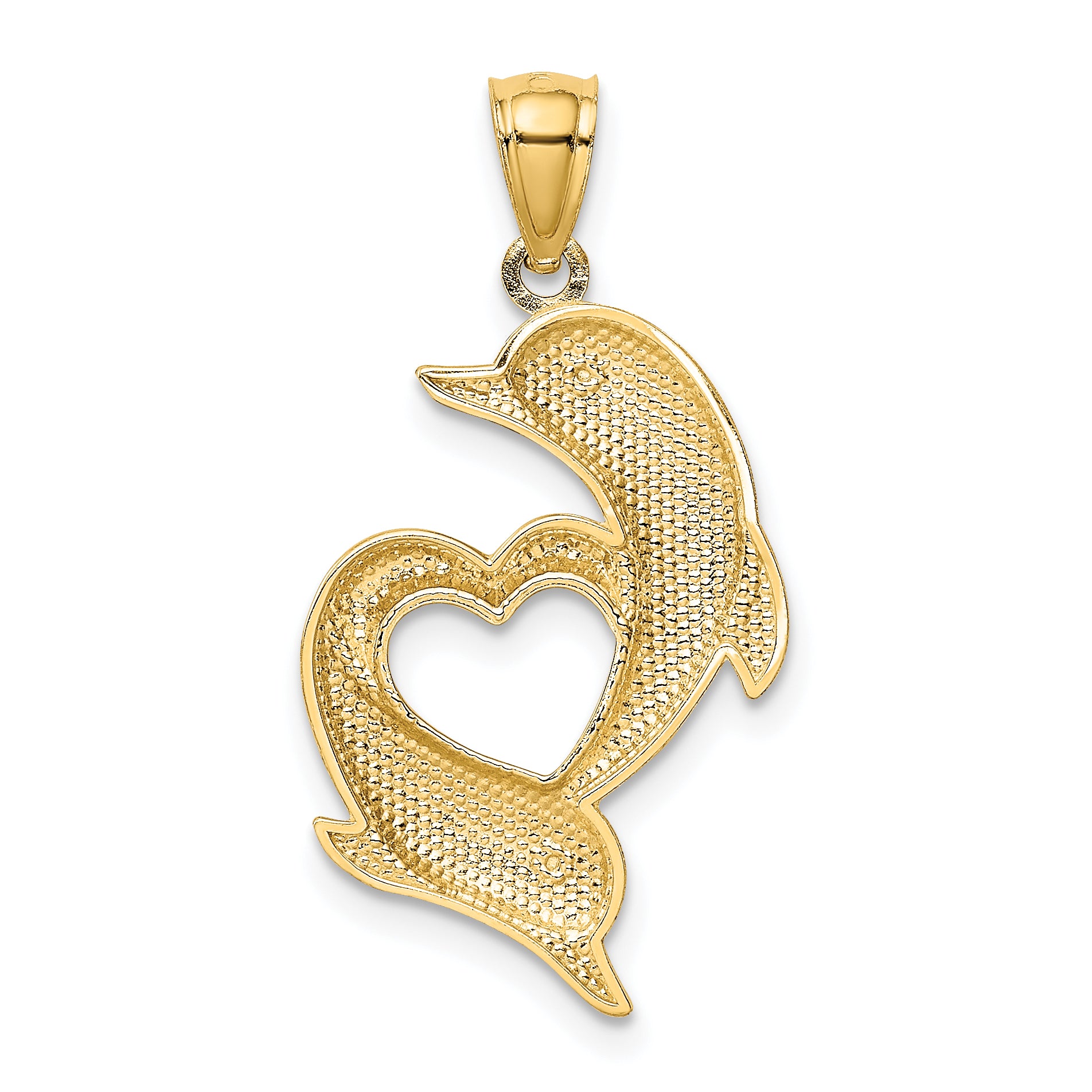 14K Gold Polished and Textured Dolphins W/Heart Pendant