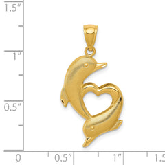 14K Gold Polished and Textured Dolphins W/Heart Pendant