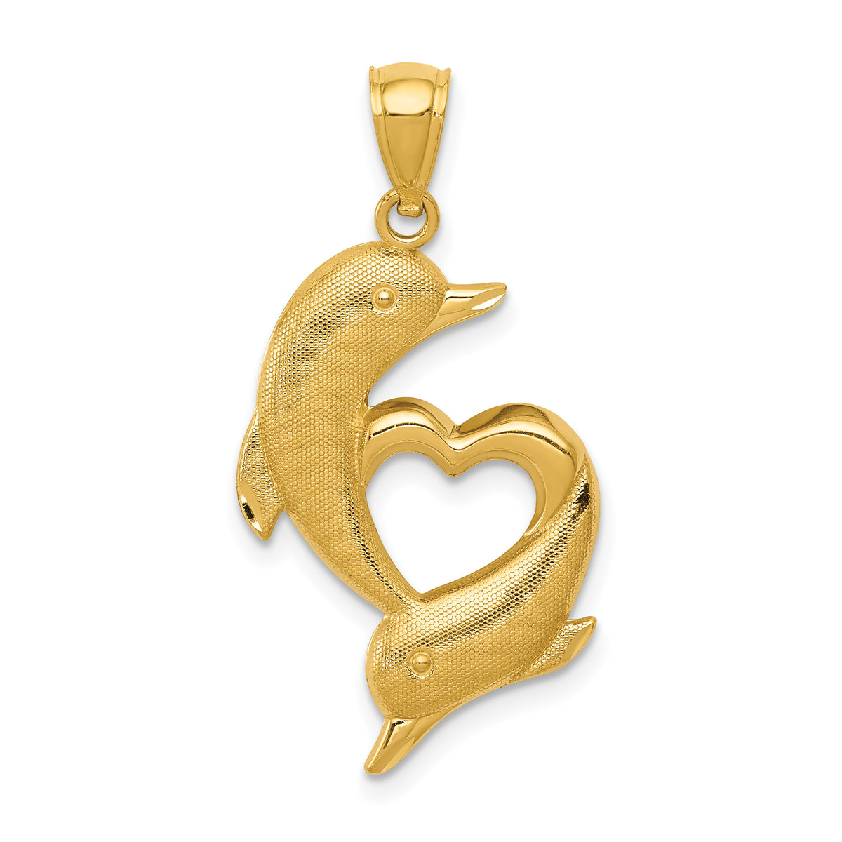 14K Gold Polished and Textured Dolphins W/Heart Pendant