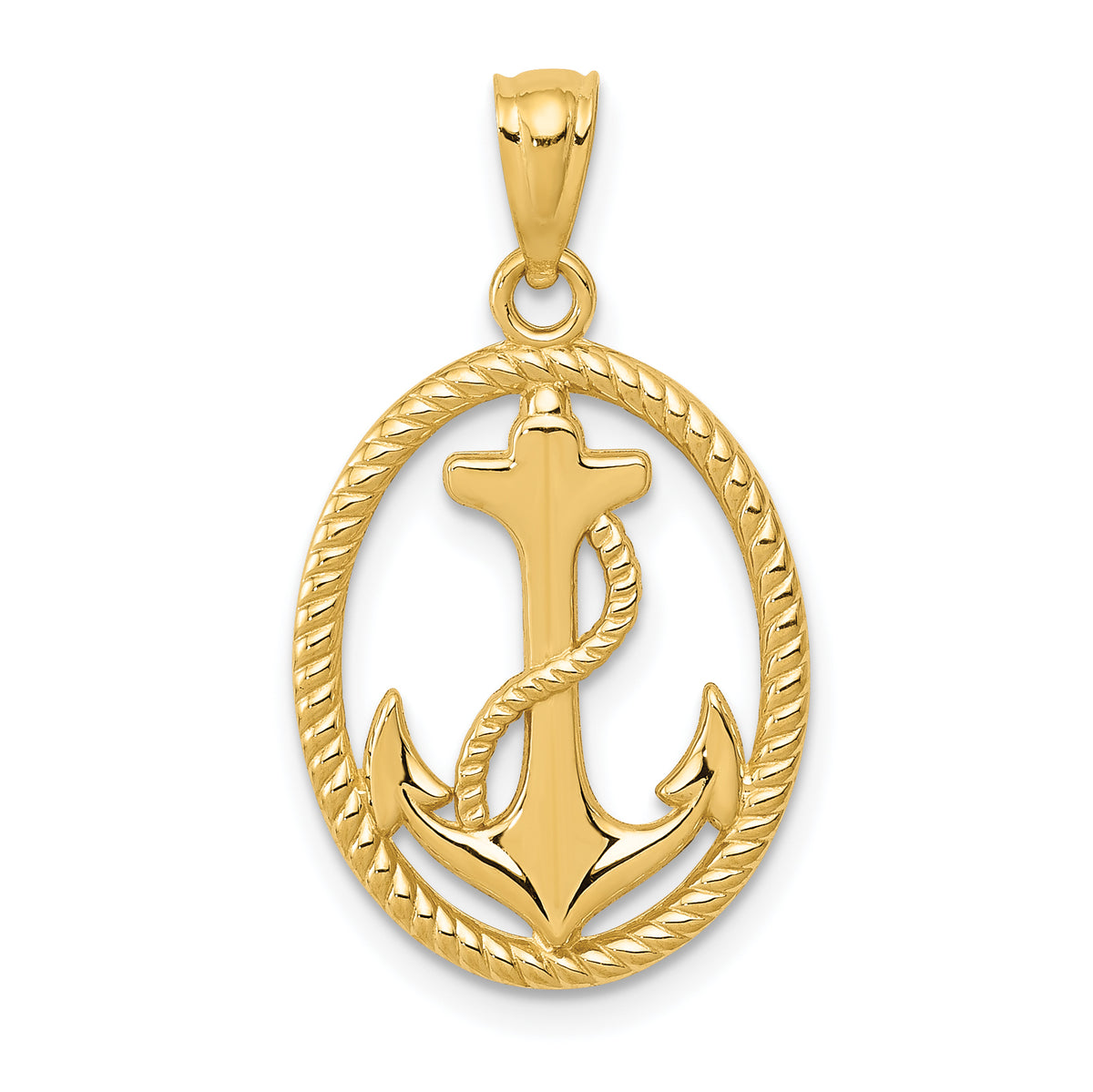 14k Gold Polished Anchor w/Rope Oval Pendant