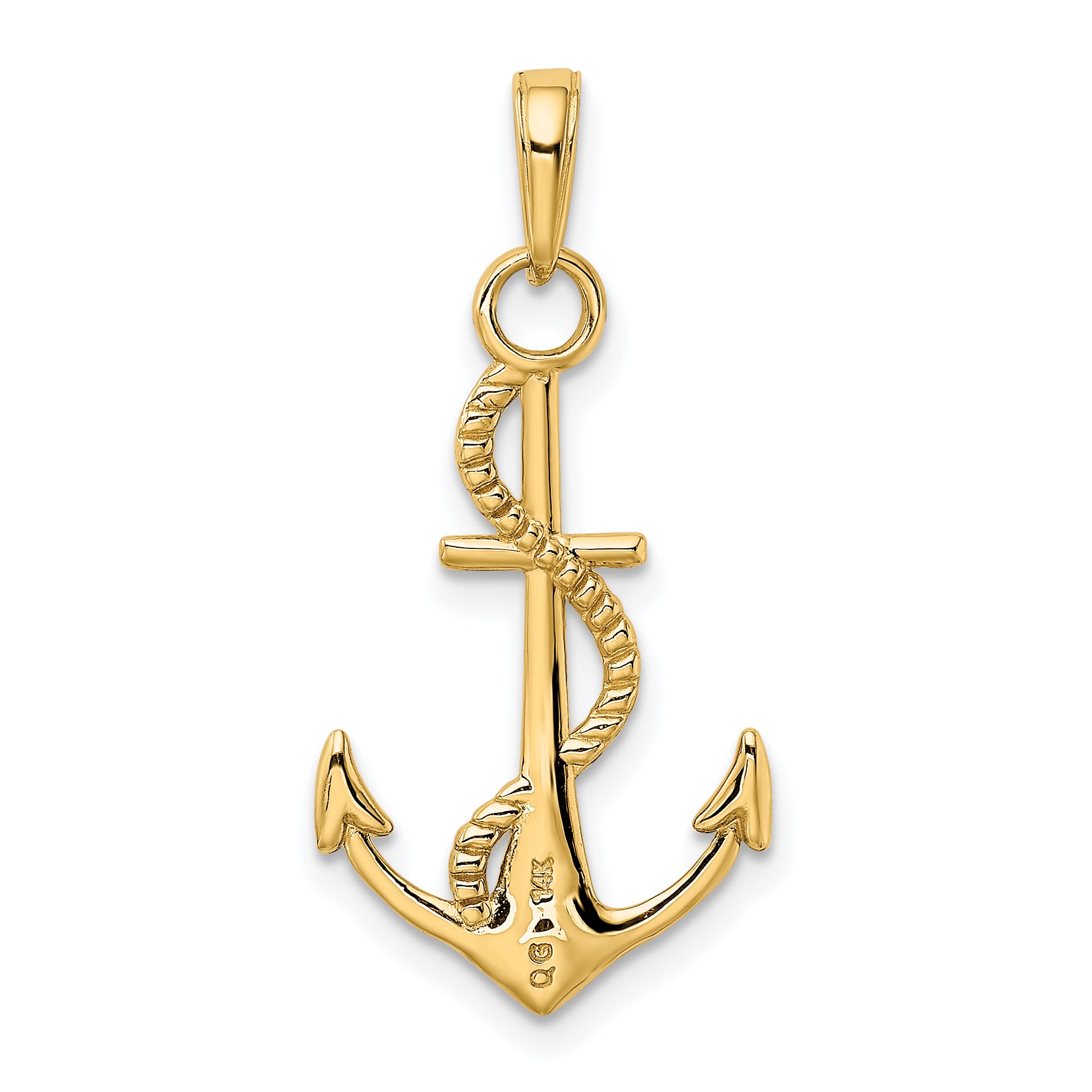 14K Gold Polished Anchor W/Rope Pendant