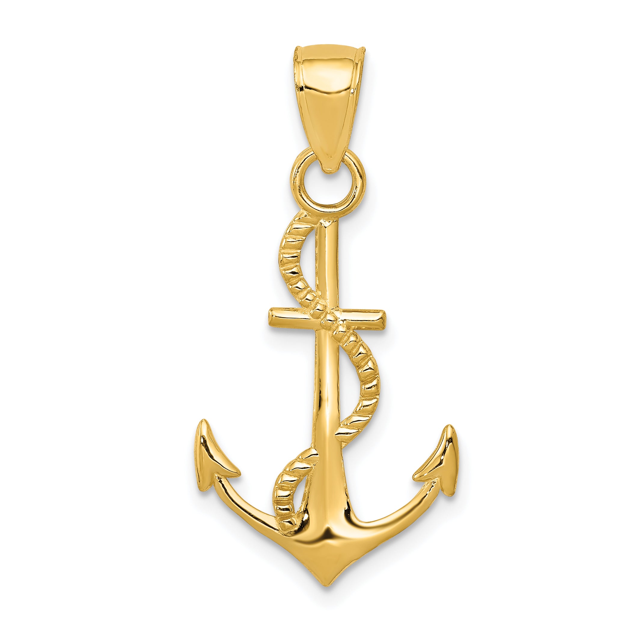 14K Gold Polished Anchor W/Rope Pendant