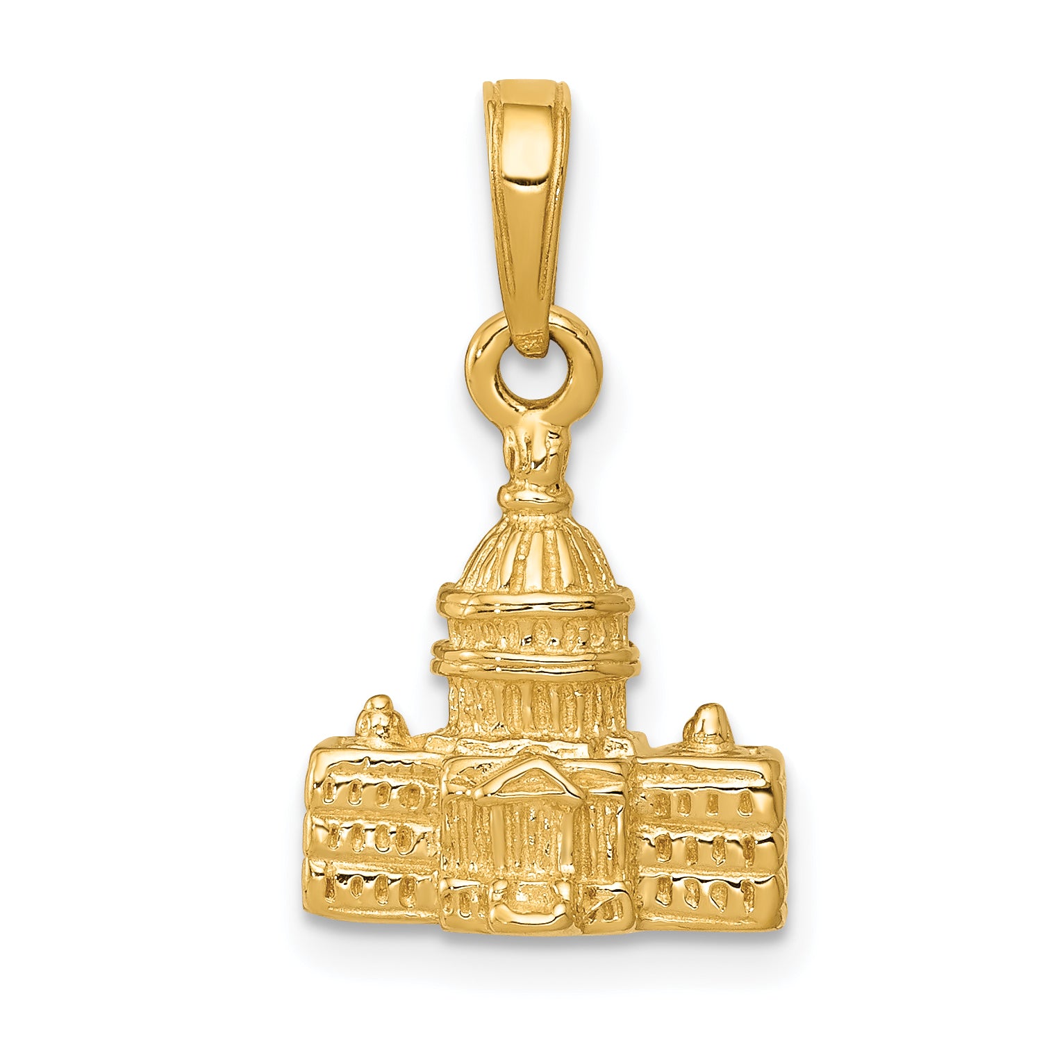 14K Gold Capital Building Pendant with 3D Design, Polished Finish