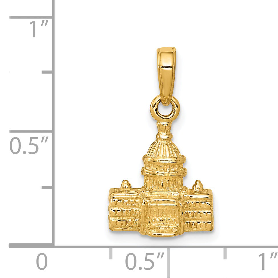 14K Gold Capital Building Pendant with 3D Design, Polished Finish