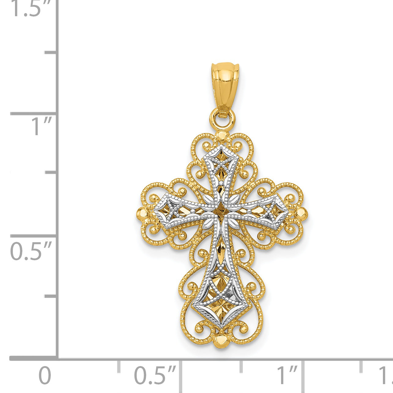 14K Two-tone Gold Polished 2 Level Filigree Cross Pendant