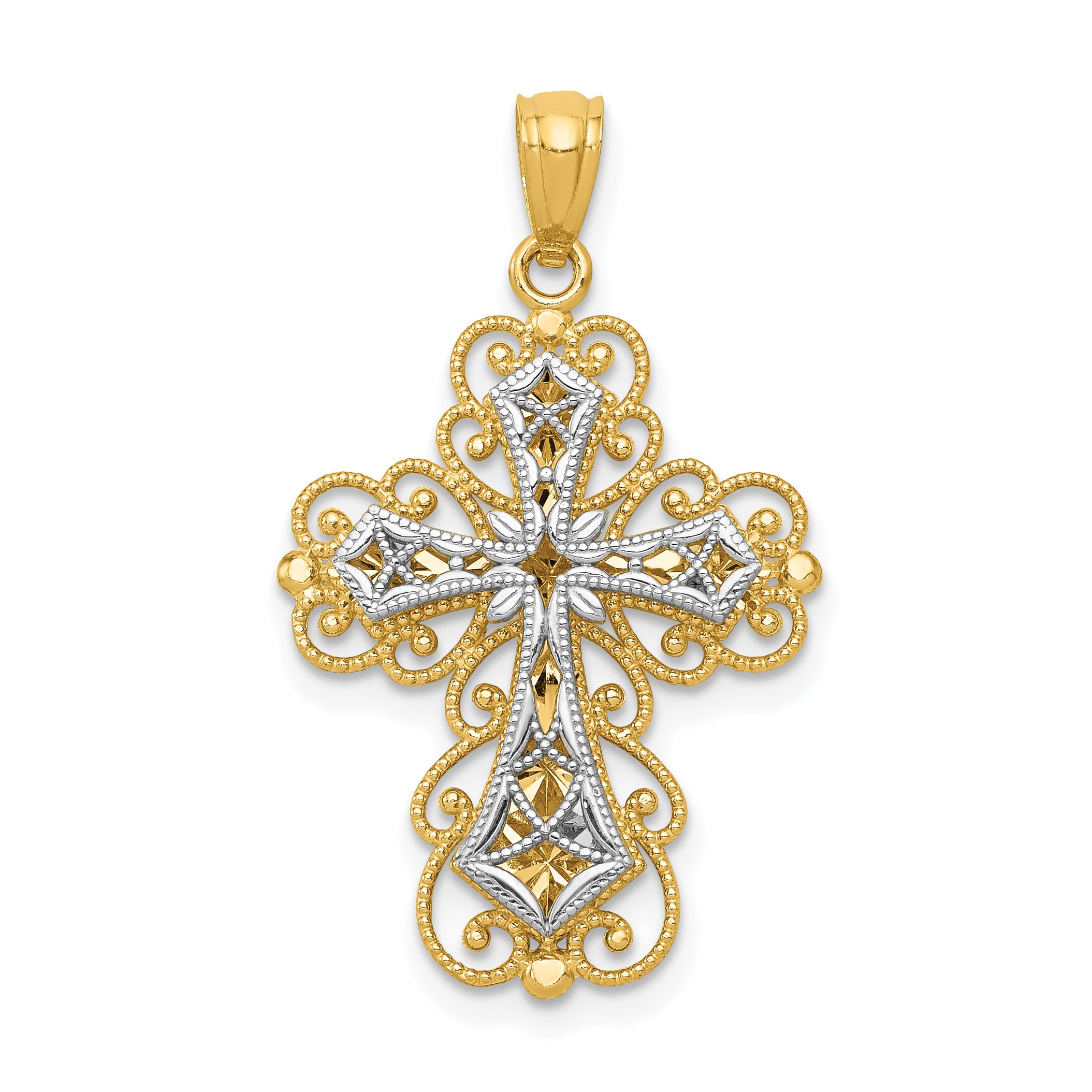 14K Two-tone Gold Polished 2 Level Filigree Cross Pendant