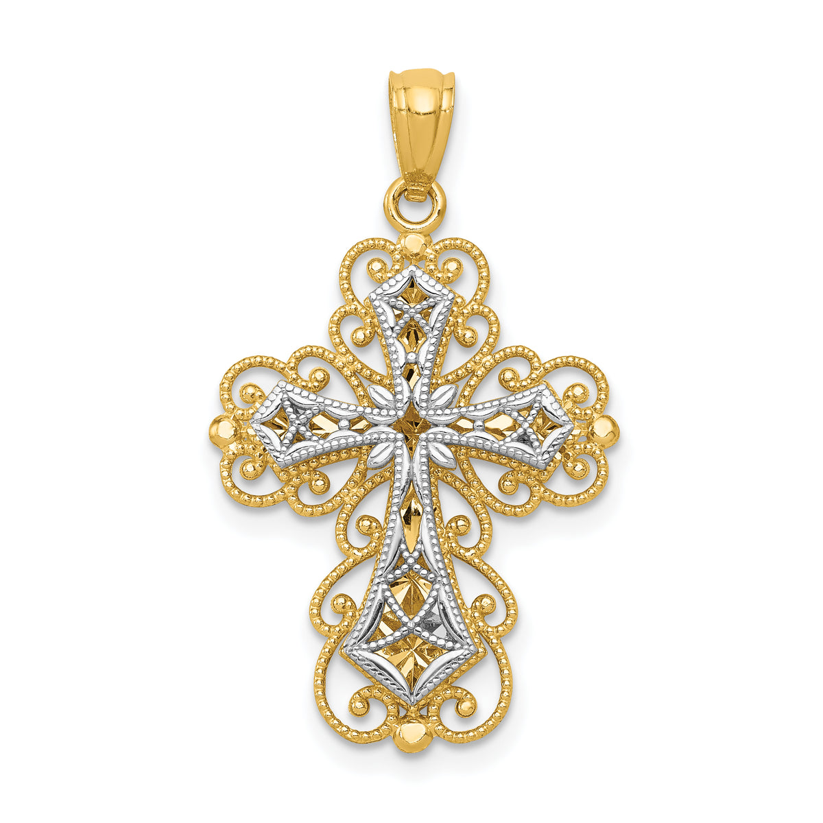 14K Two-tone Gold Polished 2 Level Filigree Cross Pendant