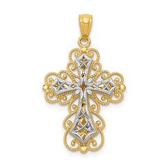 14K Two-tone Gold Polished 2 Level Filigree Cross Pendant