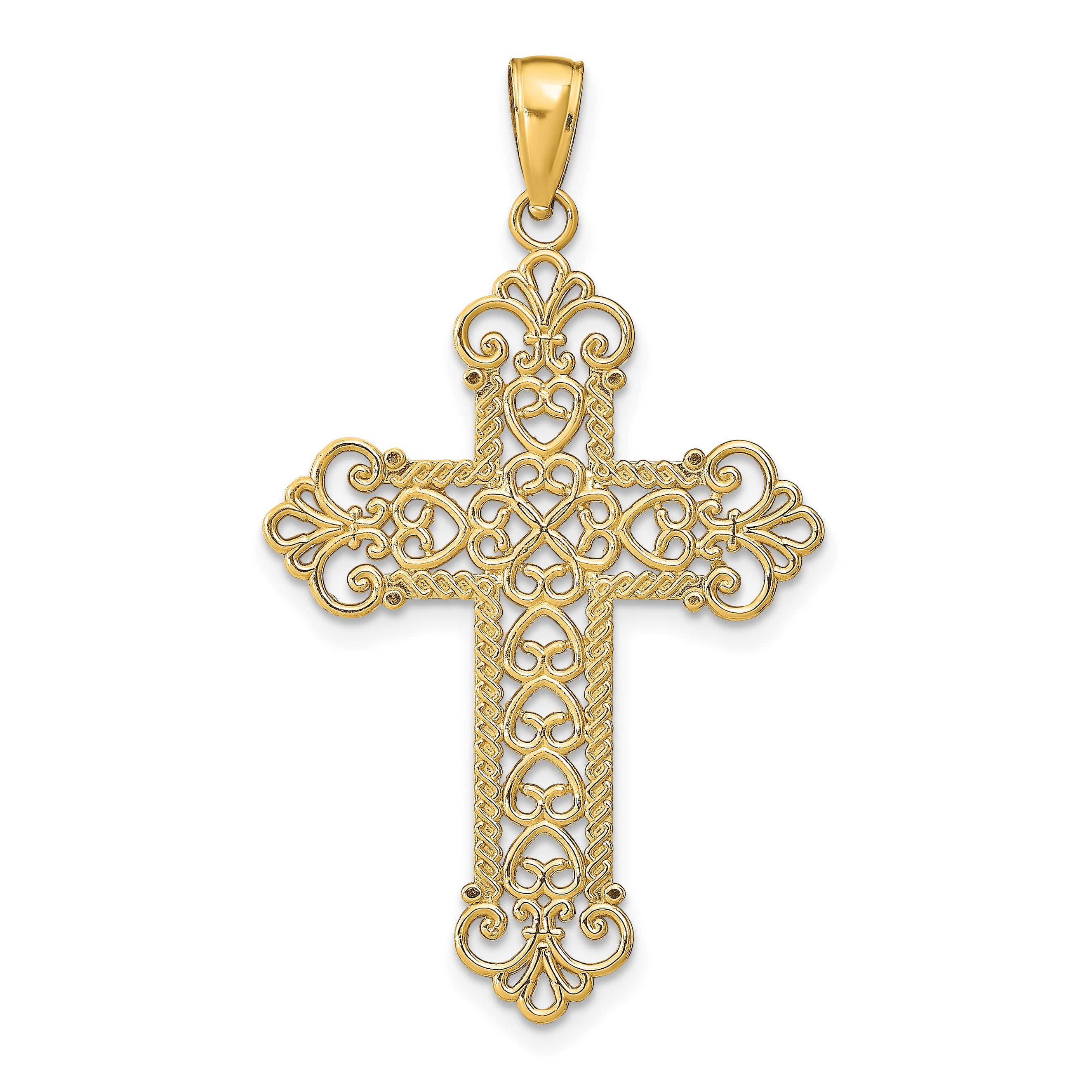 14K Polished Large Rope Frame Filigree Cross Pendant