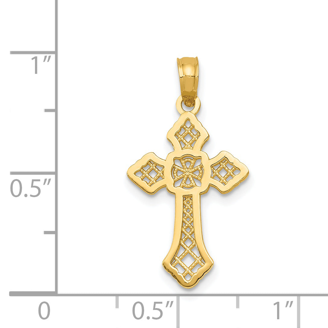 14K Gold Polished Cross Pendant with Lace Center  Elegant & Solid Design