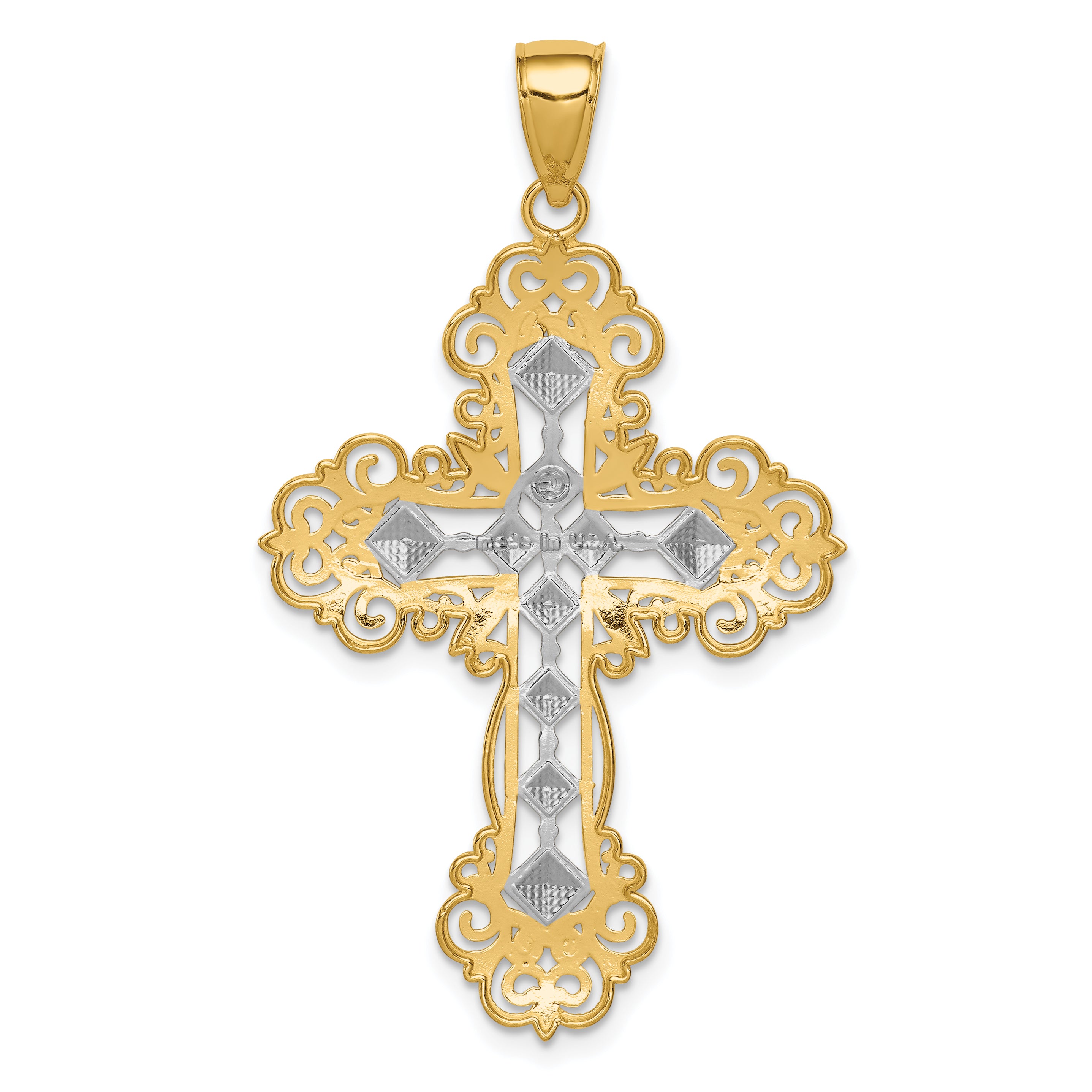 14K w/Rhodium Polished Textured Diamond Pattern Cross Pendant