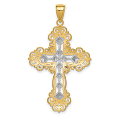 14K Gold Rhodium-Plated Cross Pendant with Diamond Pattern Textured Finish