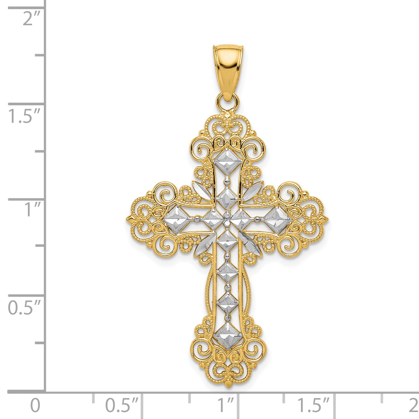 14K Gold Rhodium-Plated Cross Pendant with Diamond Pattern Textured Finish