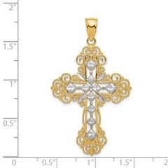 14K Gold Rhodium-Plated Cross Pendant with Diamond Pattern Textured Finish