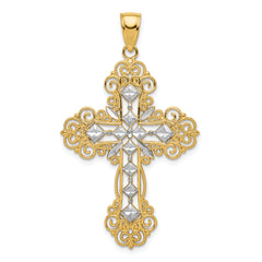 14K w/Rhodium Polished Textured Diamond Pattern Cross Pendant