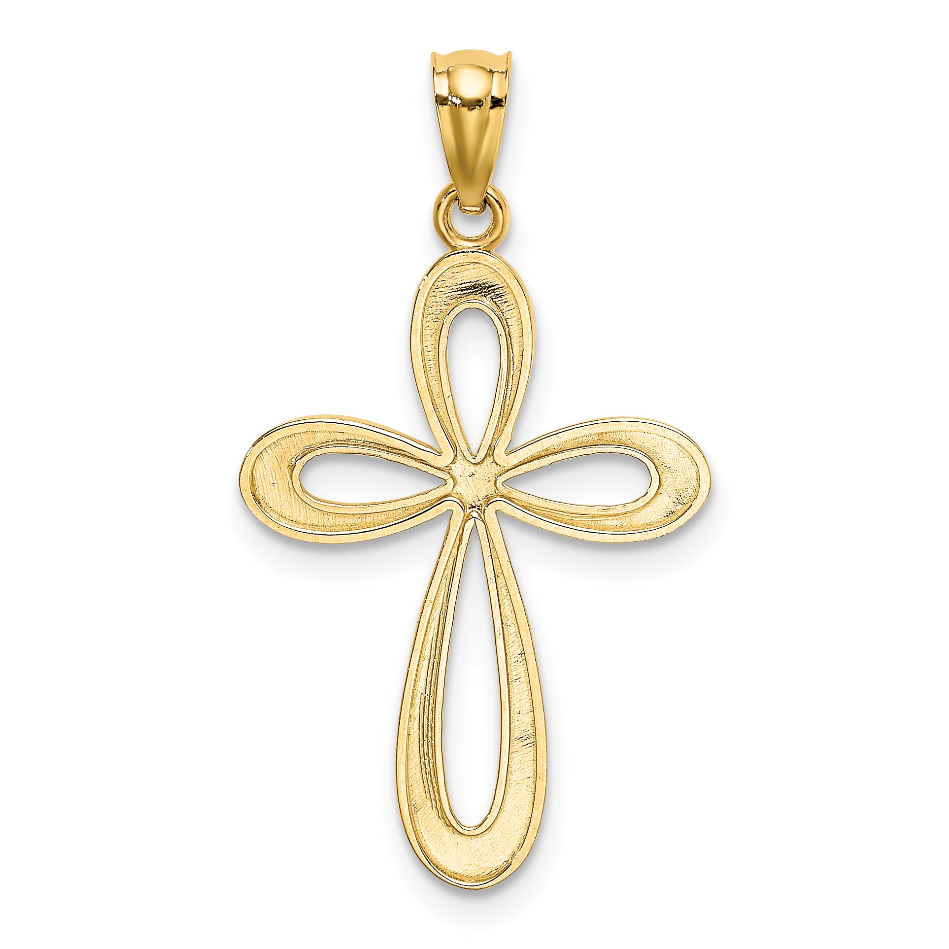 14K Gold Polished Ribbon Cross Pendant with Elegant Open-Back Design