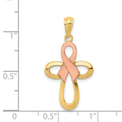 14K Two-Tone Gold Polished Pink Ribbon Cross Pendant Solid