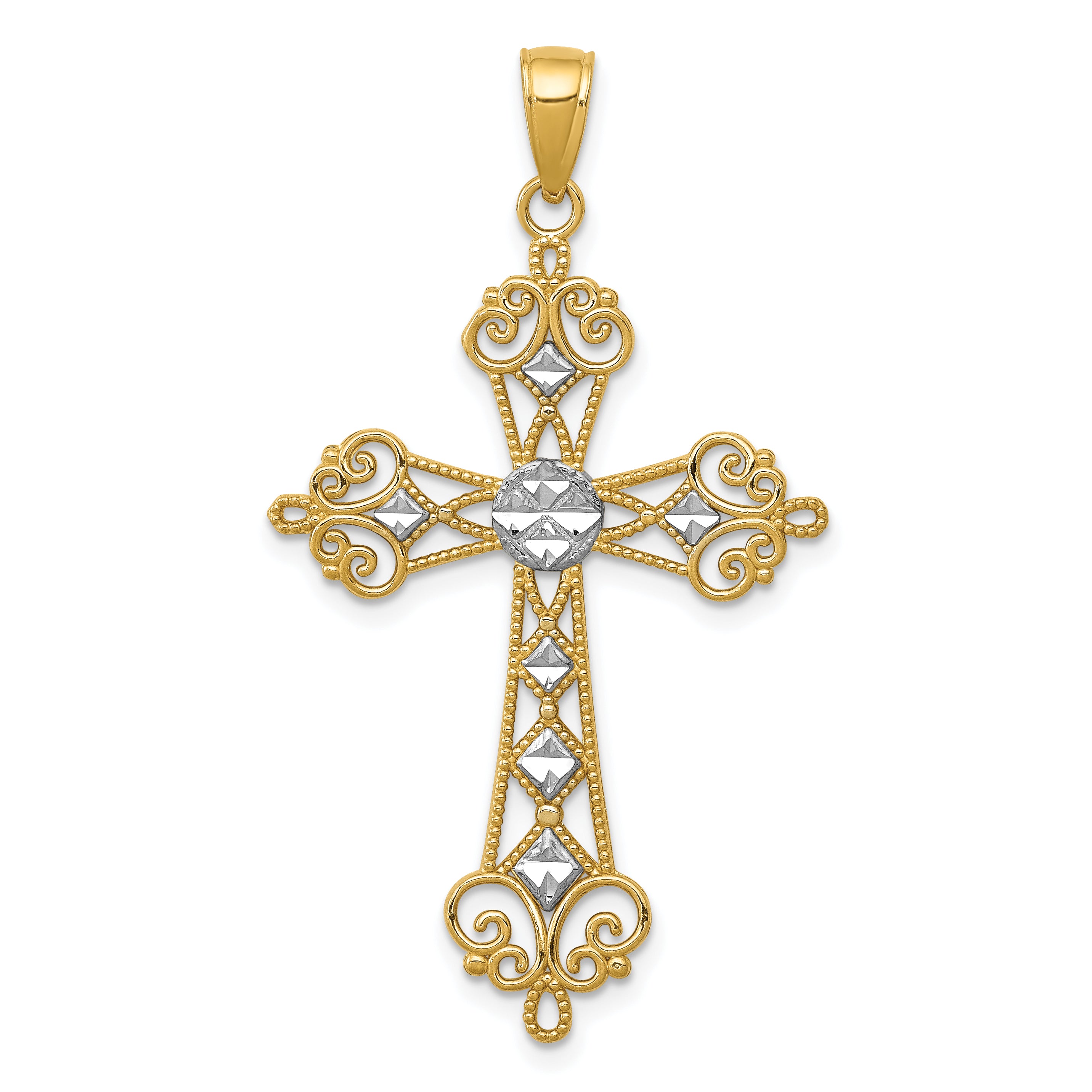 14K w/Rhodium Polished Diamond-Cut Cut-Out Cross Pendant