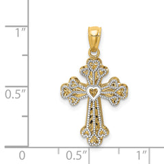 14K Two-Tone Gold Heart Cross Pendant with Reversible Polished Filigree Design