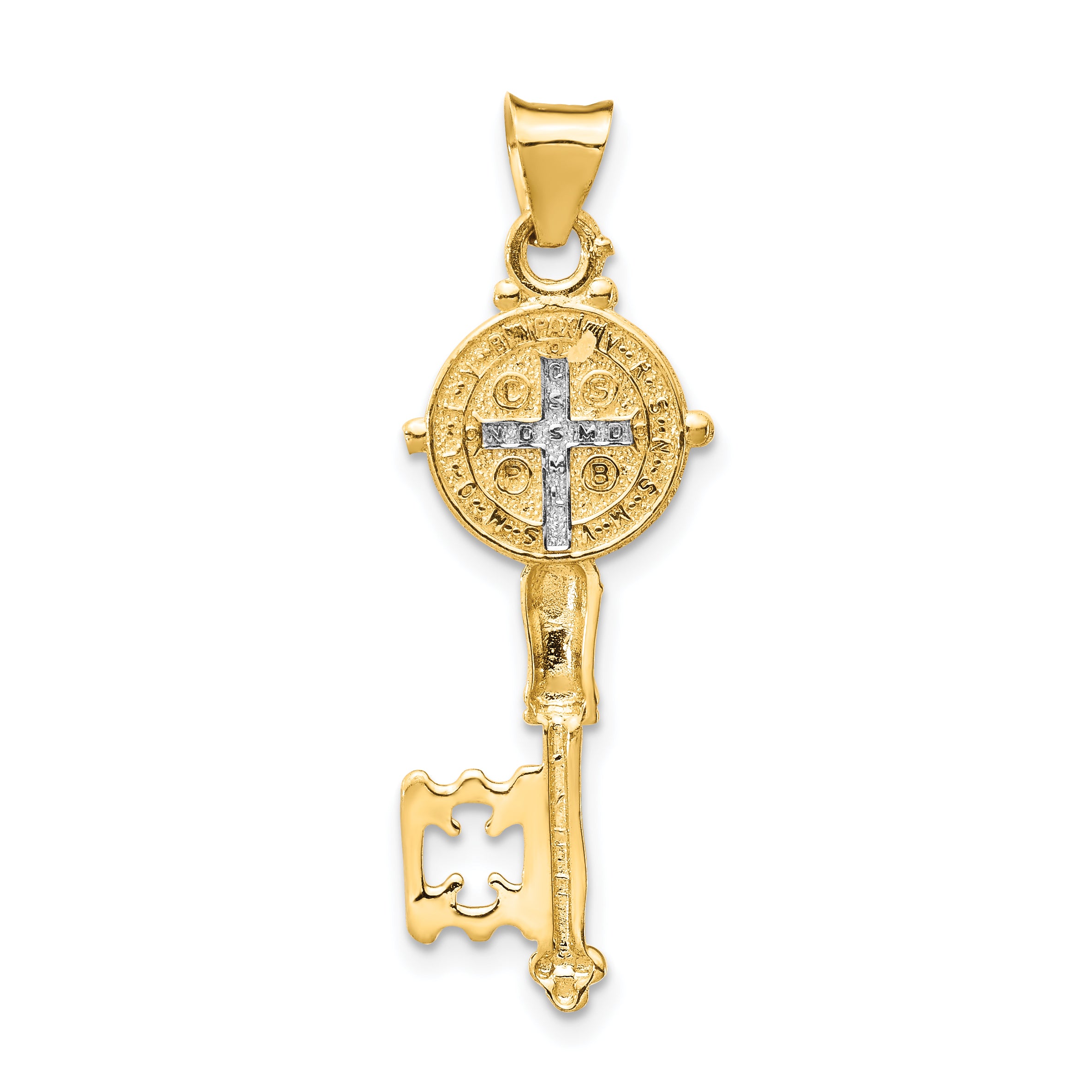 14K Gold and Rhodium Cross Key Pendant with Polished Reversible Design