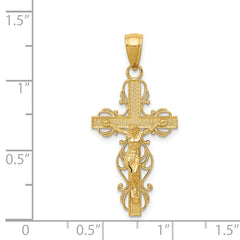 14K Gold Crucifix Pendant with Polished Lace Trim Elegant Design