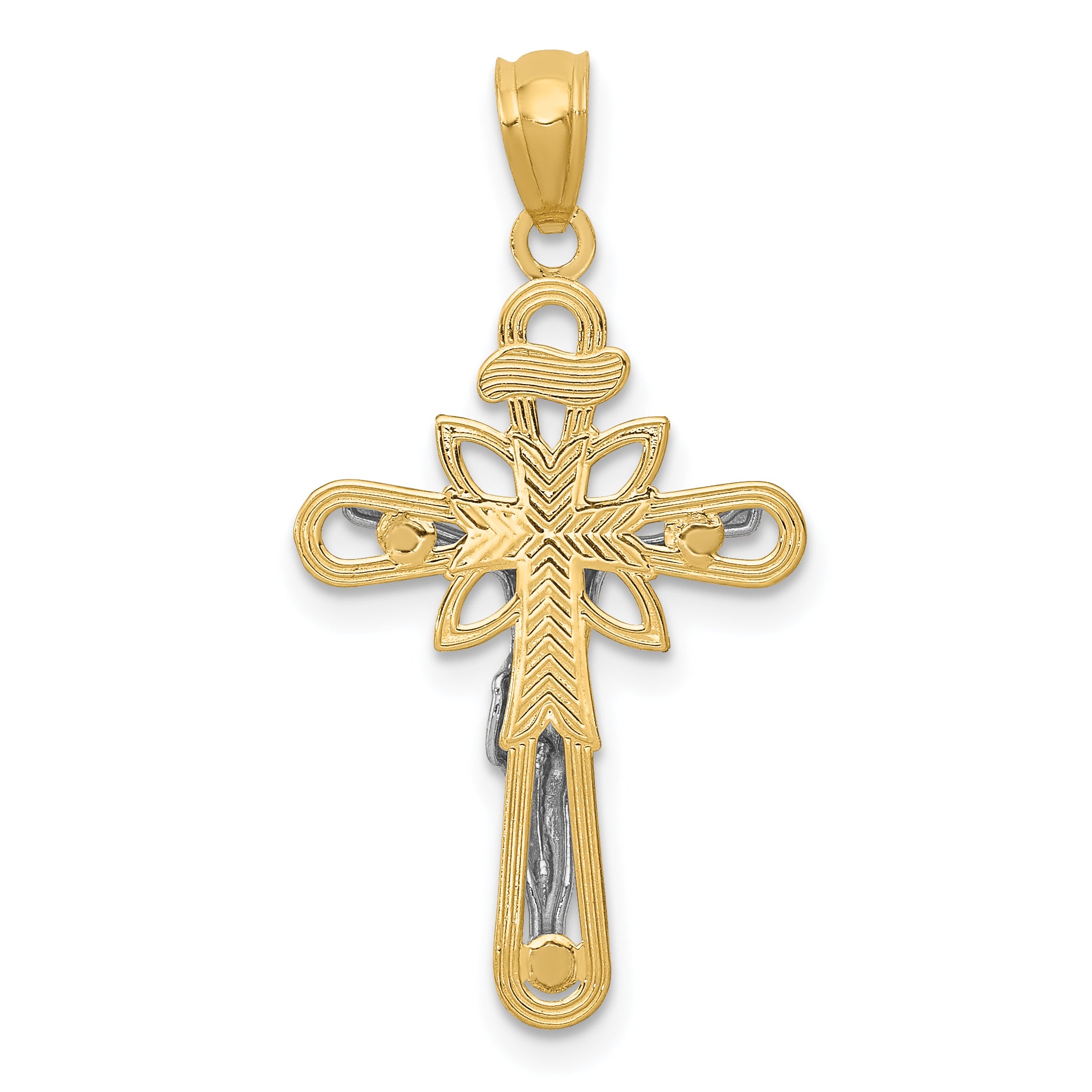 14K Two-Tone Gold Crucifix Pendant with Rhodium Accent, Solid and Elegant Design