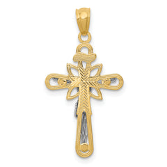 14K Two-Tone Gold Crucifix Pendant with Rhodium Accent, Solid and Elegant Design