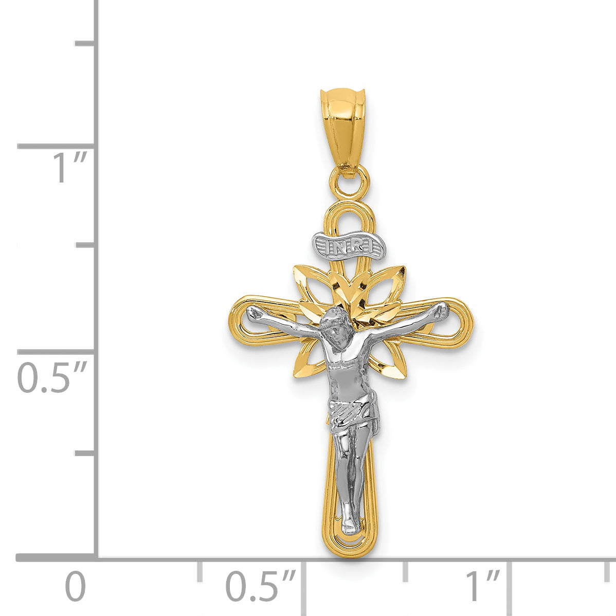 14K Two-Tone Gold Crucifix Pendant with Rhodium Accent, Solid and Elegant Design