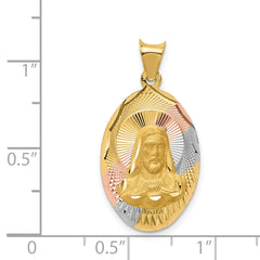 14K Gold Sagrado Corazon Oval Pendant with Rose and White Rhodium Detailing