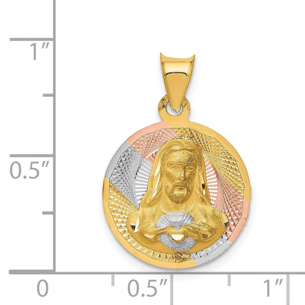 14K Yellow Gold Sagrado Corazon Pendant with Rose and White Rhodium Detailing