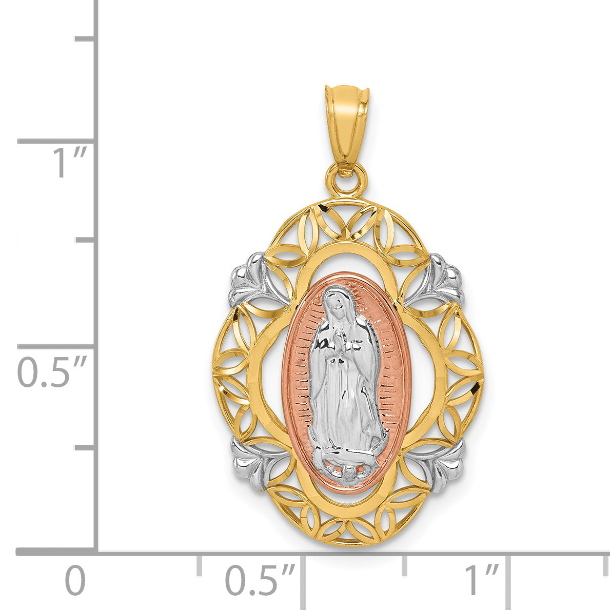 14K Two-Tone Gold Guadalupe Medal Pendant with White Rhodium Detailing