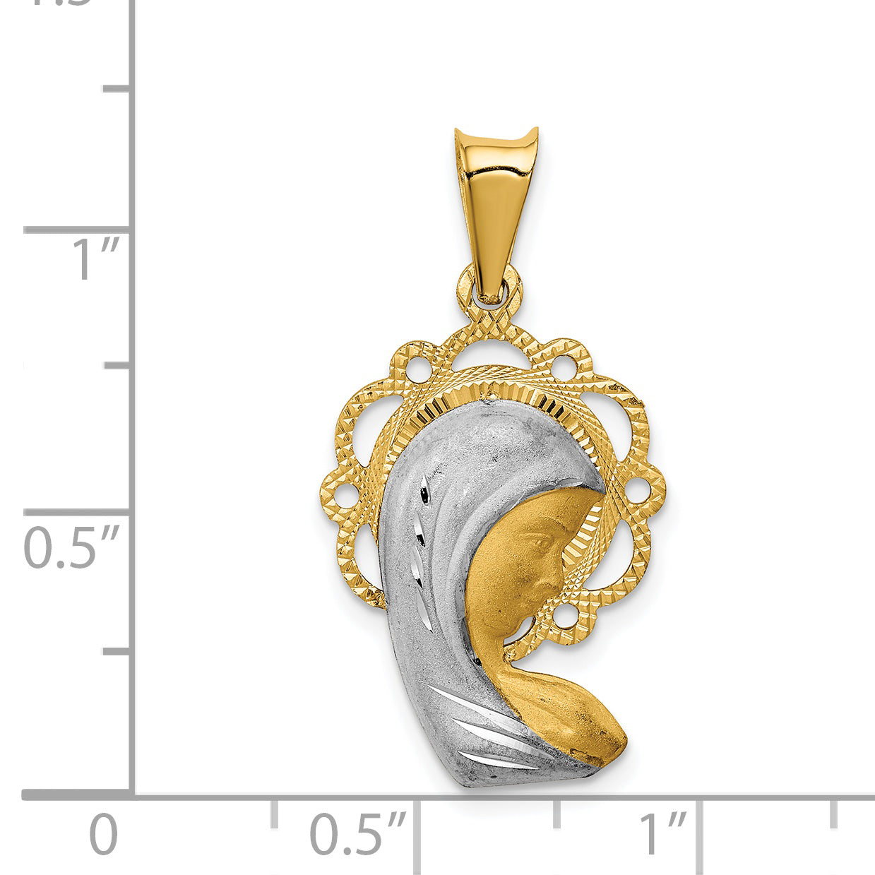 14K Gold Rhodium Accented Mary Pendant with Satin Polished Finish