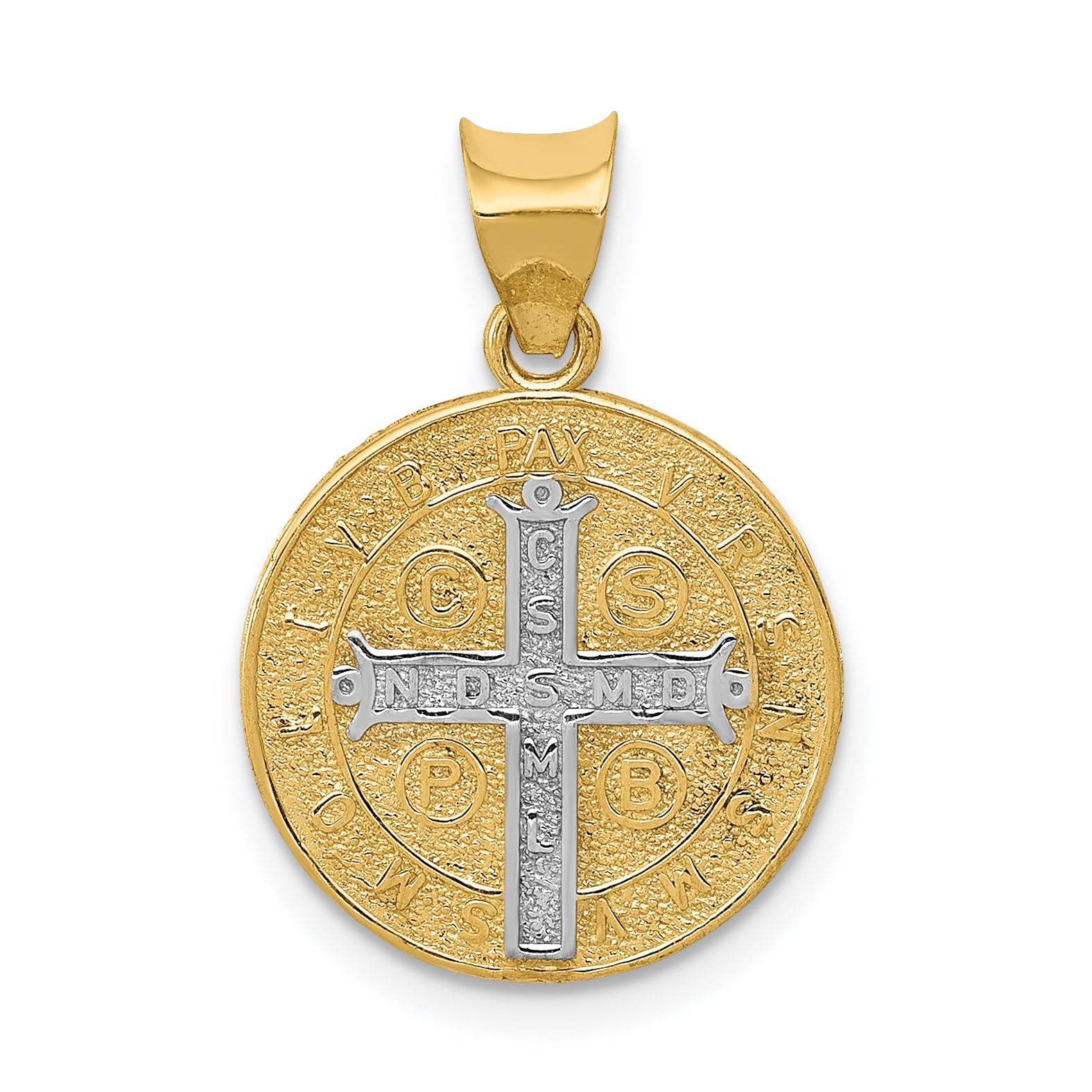 14K Gold St. Benedict Medal Pendant with Rhodium Accents, Polished & Reversible