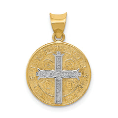 14K Gold St. Benedict Medal Pendant with Rhodium Accents, Polished & Reversible