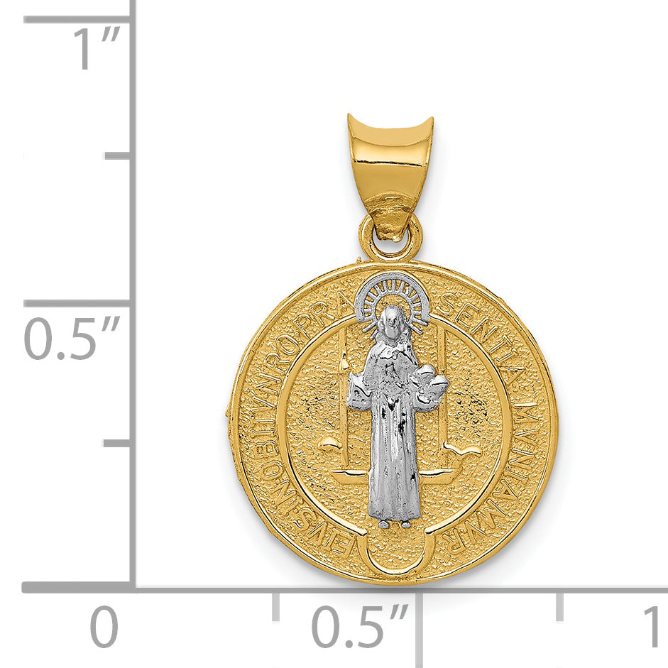 14K Gold St. Benedict Medal Pendant with Rhodium Accents, Polished & Reversible