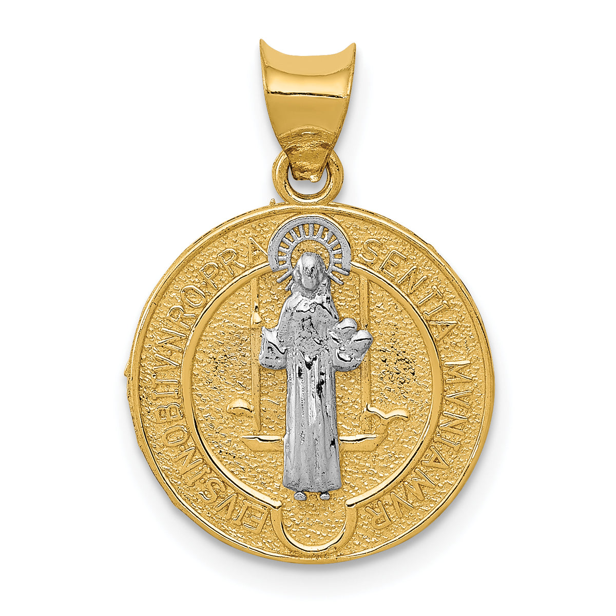 14k With Rhodium Circle St. Benedict Medal Pendant