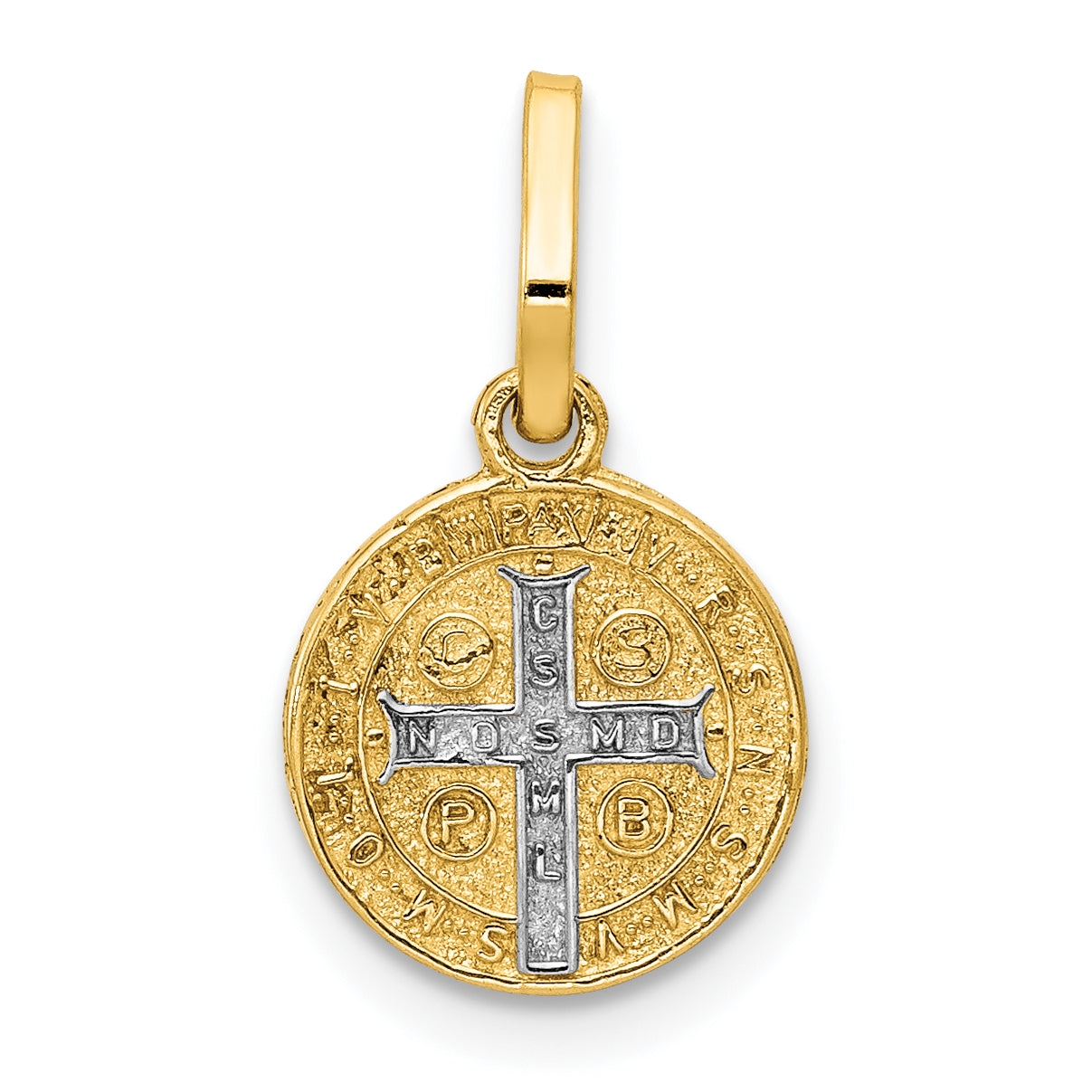 14K Gold and Rhodium St. Benedict Medal Pendant  Reversible, Polished Finish