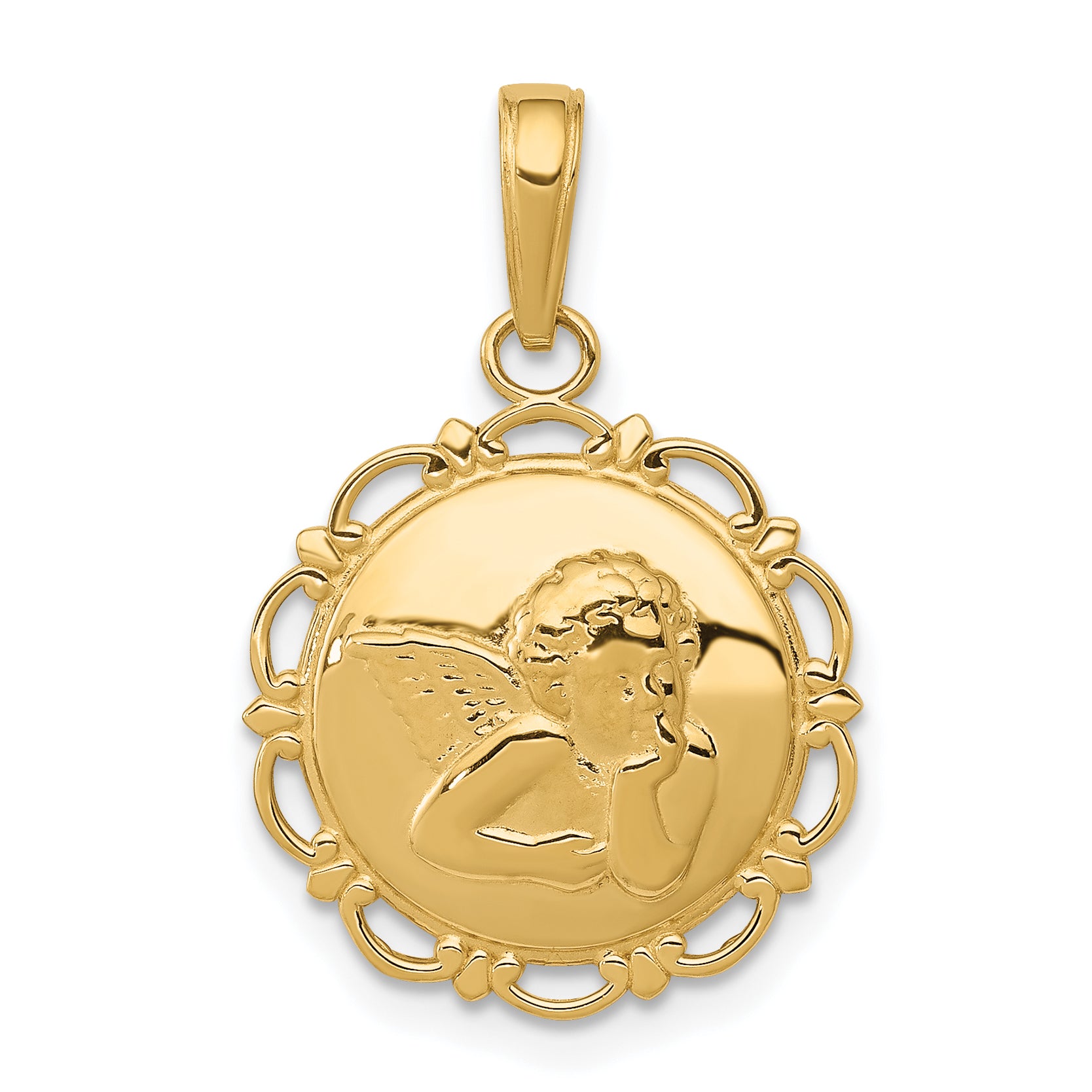 14K Polished Angel On Round Scallop Frame Pendant